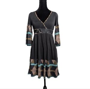 Marciano Vintage Y2K Earthy Boho Leather Cutout Flare Sleeve Silk Mini Dress